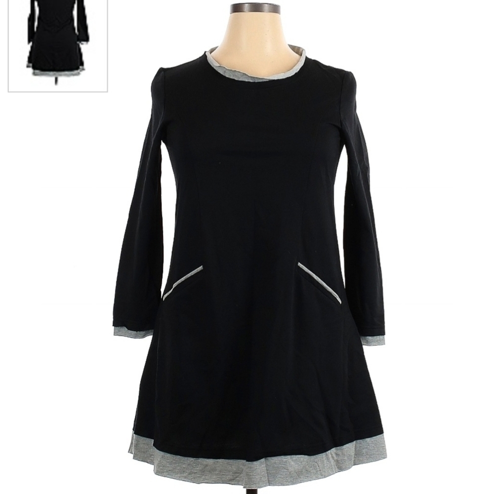 NWT Clocolor Long Sleeve Black Dress Grey Accents Women's XL Round Neck Cute EUC